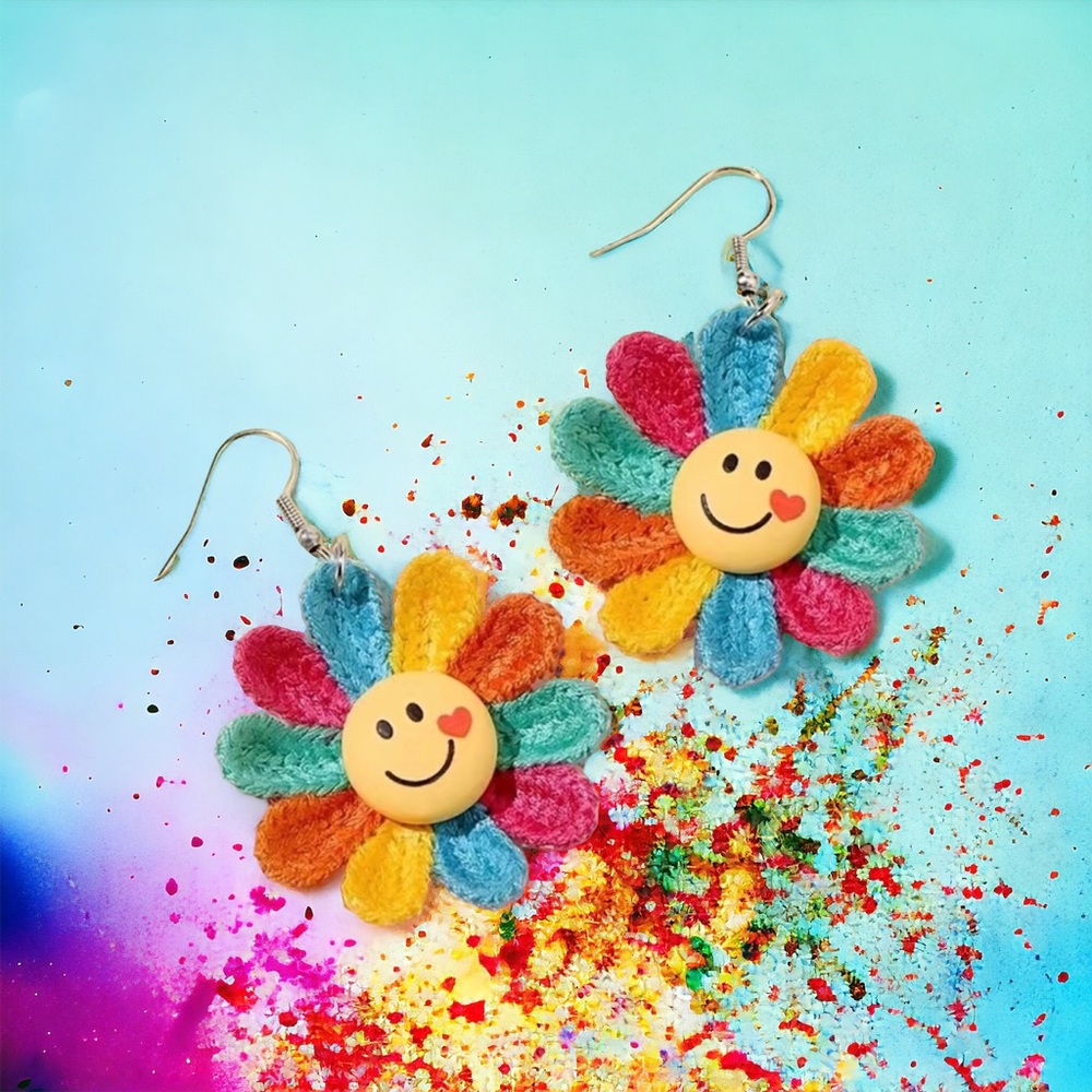 Rainbow‎ Color Sunflower Smiling Face Design Dangle Earrings Cute Knit St…